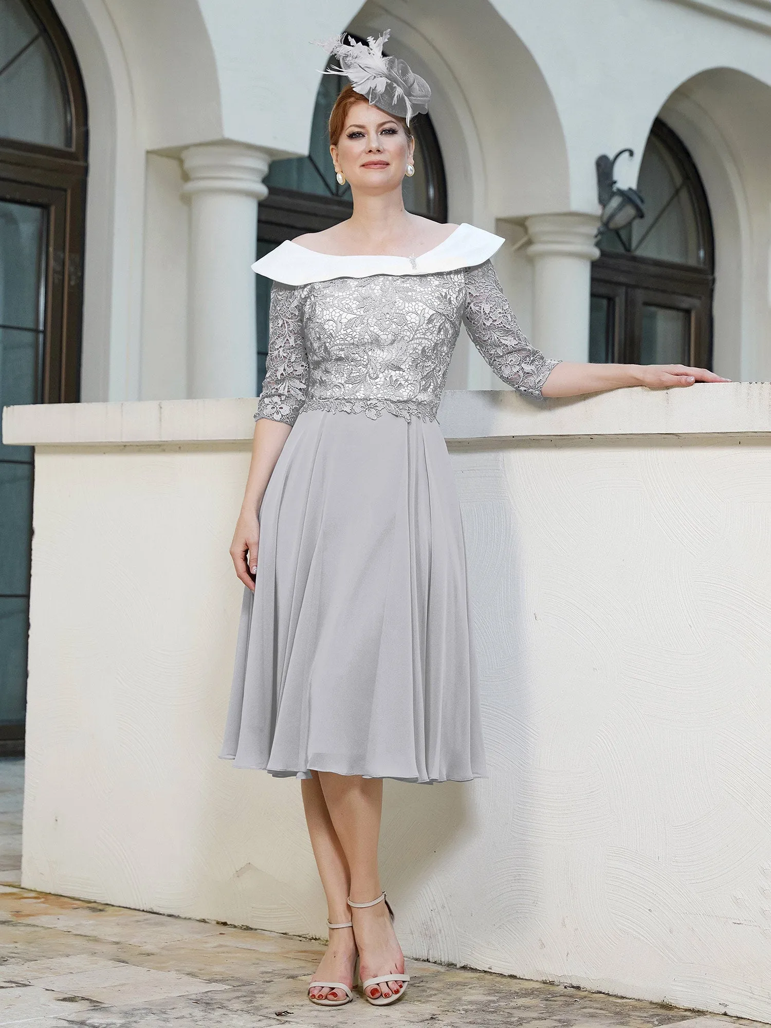 A-Linie Scoop Tee-Lnge Chiffon Kleid Silber