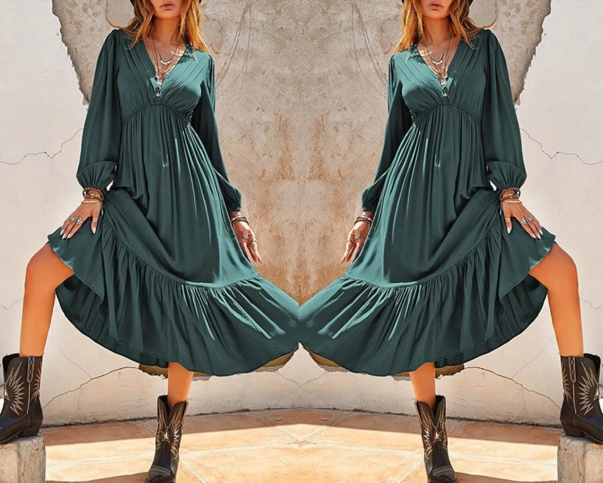 Heidi-Mode | Locker fallendes Midi-Kleid mit V-Ausschnitt