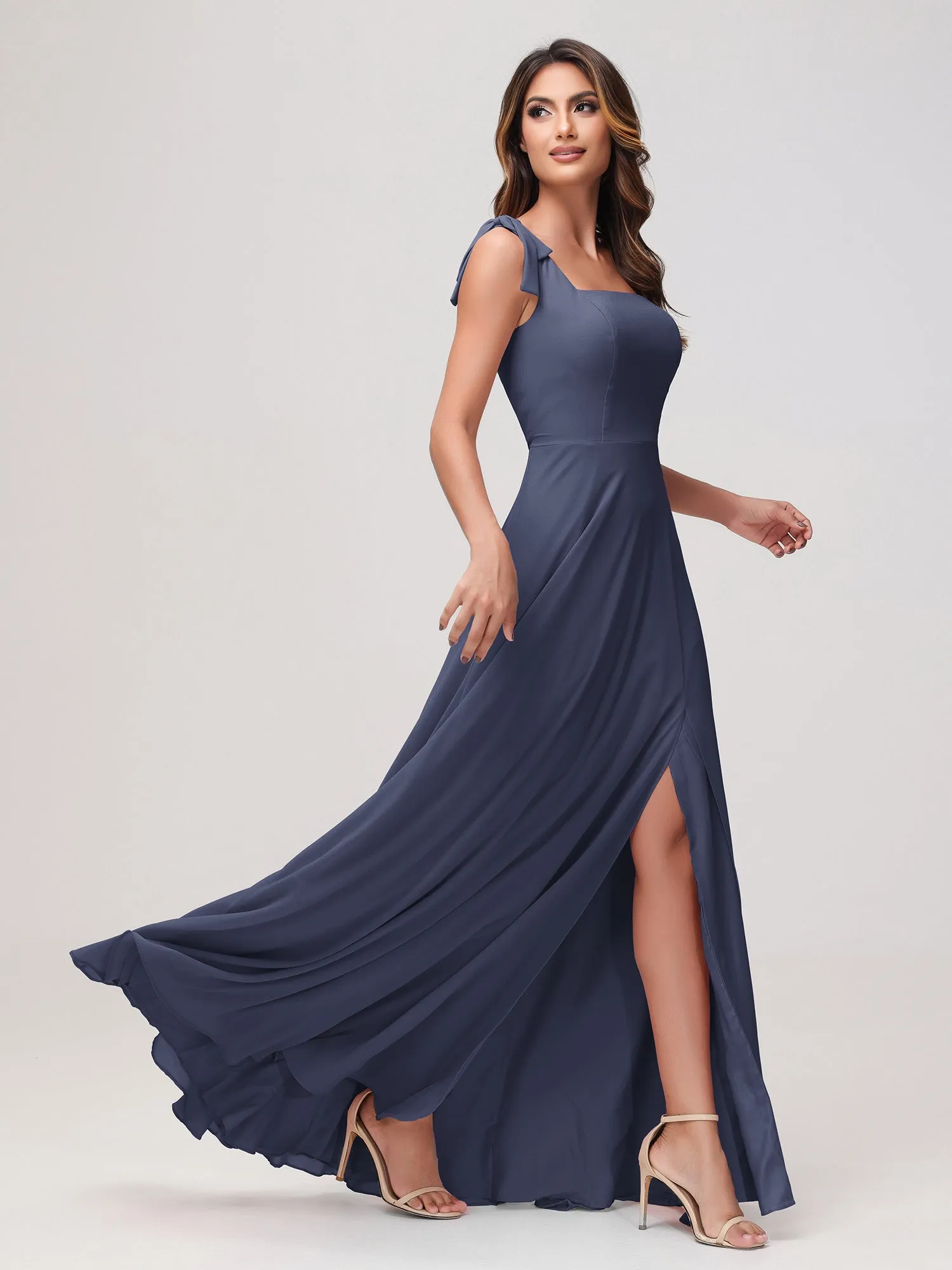 Quadratischer Ausschnitt rmellos Bodenlang Chiffon Kleid Sturm