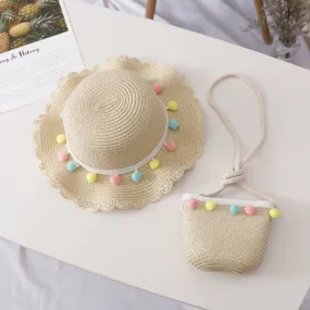 Set aus Strohhut und Tasche für Mädchen mit Pompons und Spitze